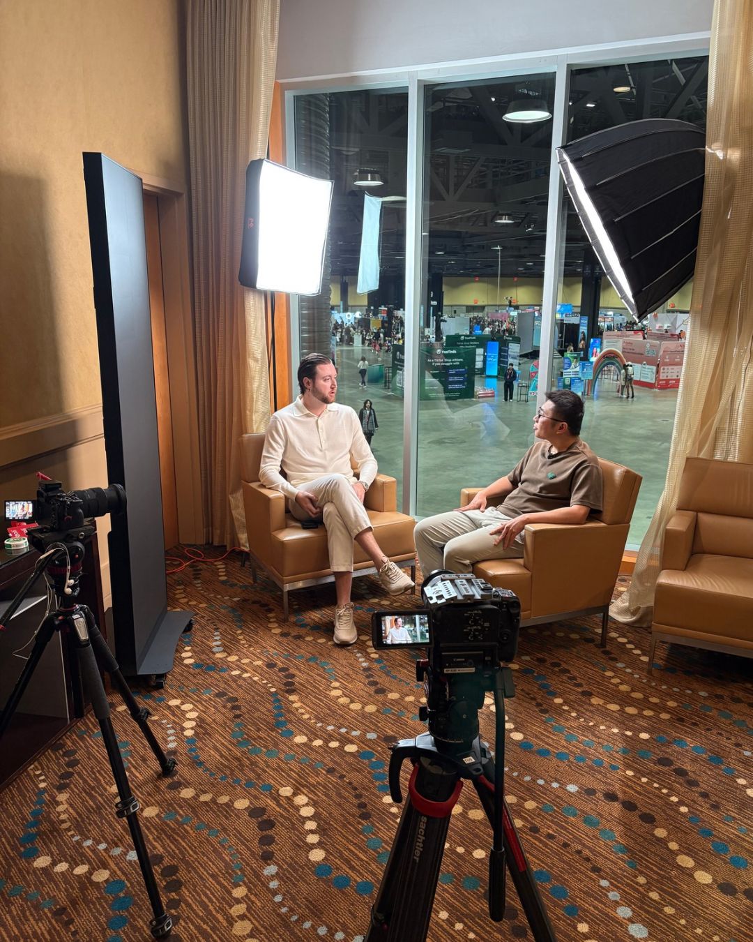 Chase Chappell and Jeremy recording the private podcast on set